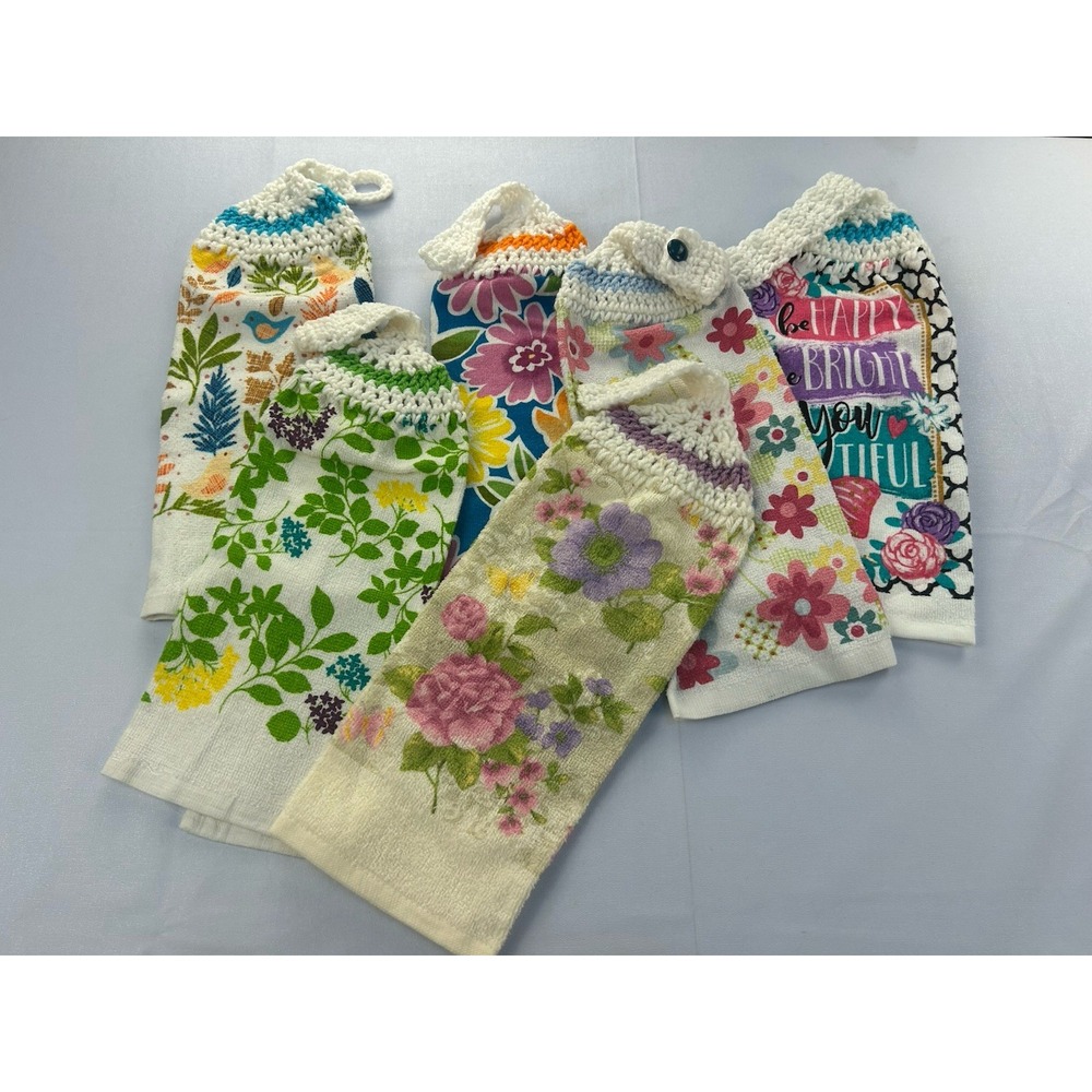 Hanging Kitchen Towels Lot 6 Crochet Top Floral Birds Cotton Handmade Style